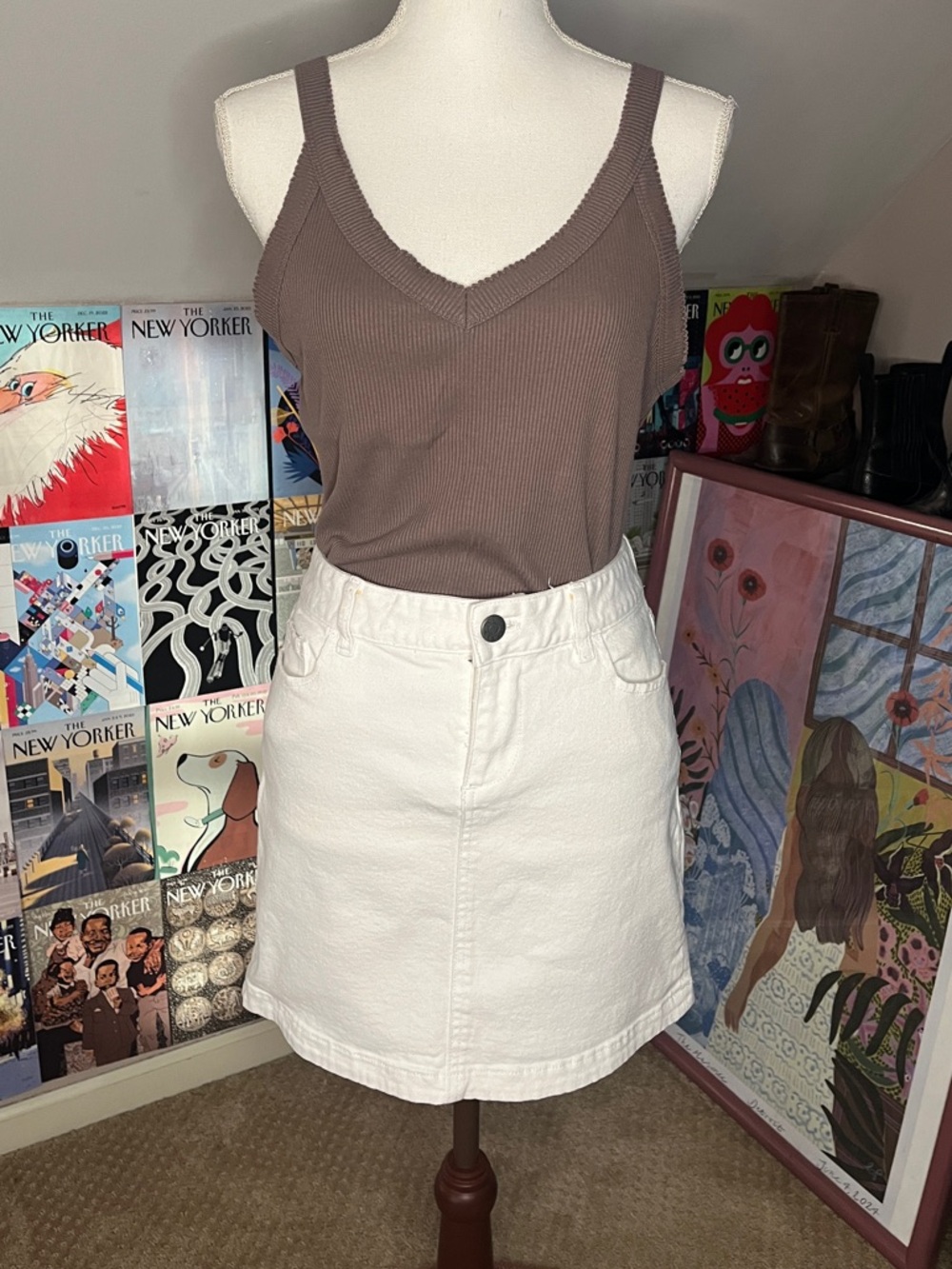 J. Crew White Stretch Denim Skirt with Orange Stitching